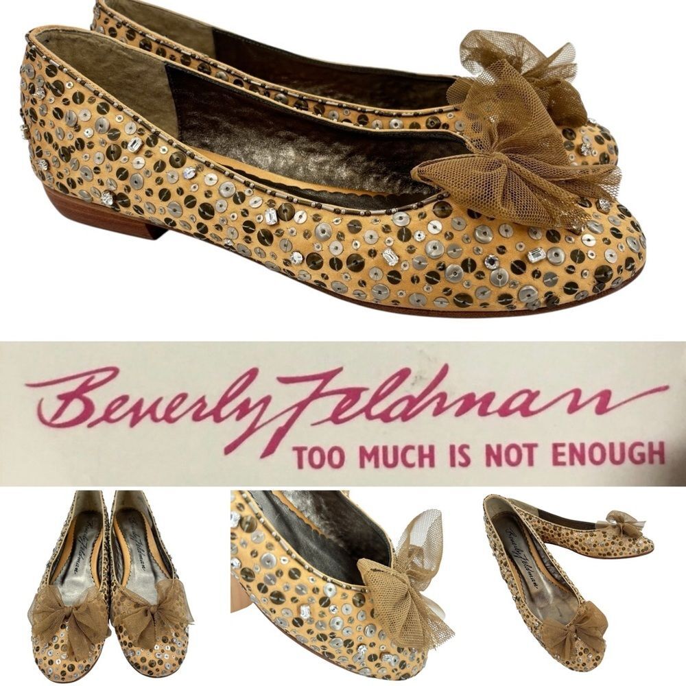 Beverly Feldman Gold Rhinestone and Sequin Bow Ballet Flats Sz. 8.5 Vintage